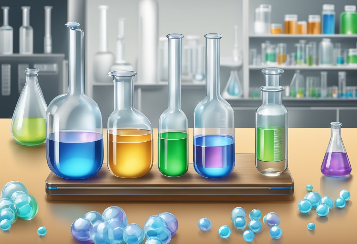 A laboratory table with beakers, tablets, and bottles. An illustration of molecular hydrogen comparison for Swanson Hydrogen products