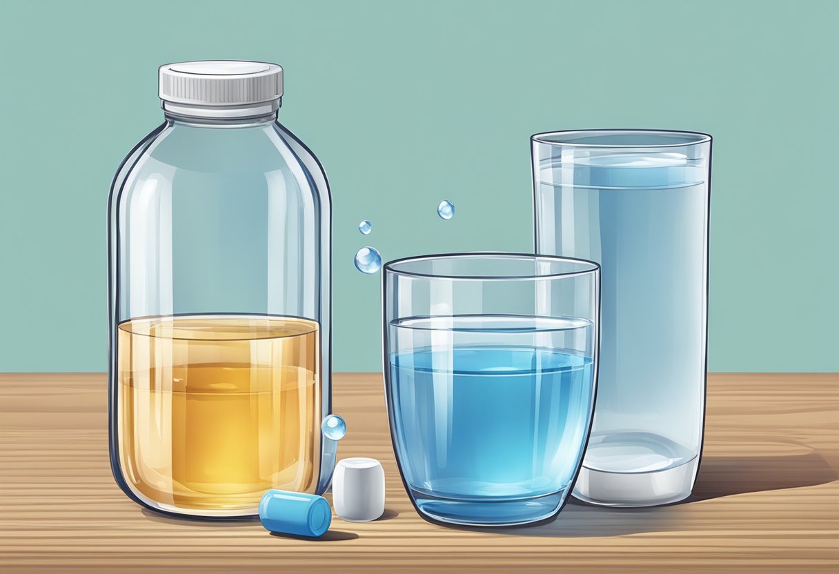 A table with a glass of water and two containers - one holding hydrogen water tablets, the other a hydrogen water bottle